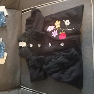 Penelope Mack Girls Black Floral Jacket with Hat 4t